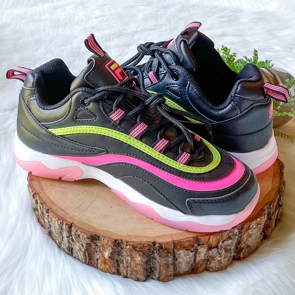 FILA Neon Pink & Green Black Sneakers Women's 7 Chunky Tennis Shoes - Picture 3 of 8